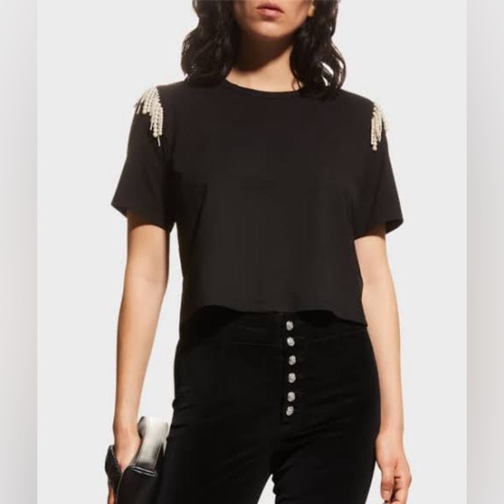 Veronica Beard Rumia Pearl Embellished Black Tee, size S